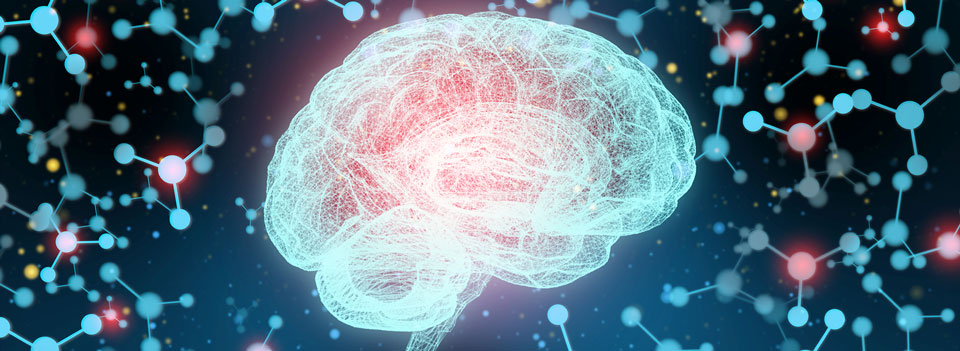 A visualisation of a lit up brain on a dark background with molecule symbols